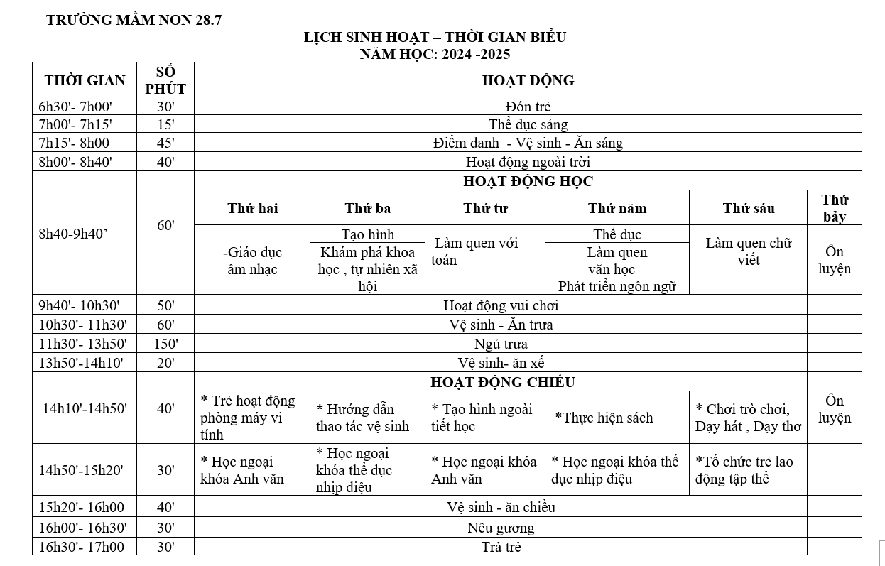 Lịch sinh hoạt hàng ngày